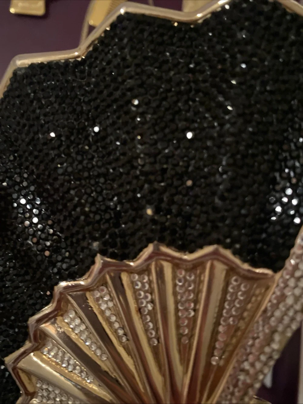 Vintage Judith Leiber Black, Gold & Silver Fan Minaudière